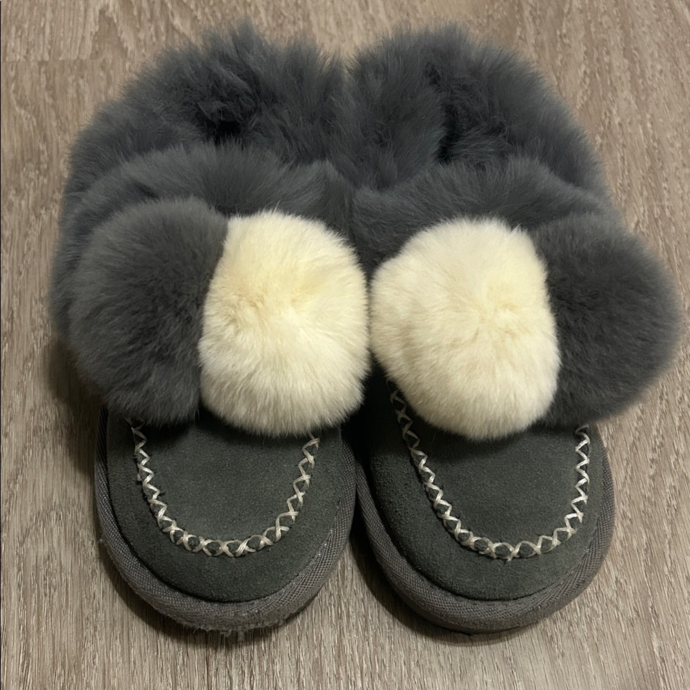 Fluffy Gray and Cream Kids Moccasins